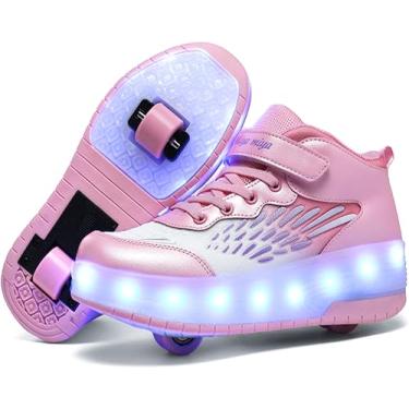 Imagem de RESLIDE Tênis esportivo com rodas para meninos e meninas, crianças, skates, luz LED, recarregável, para meninos, 997-rosa, 11 Little Kid