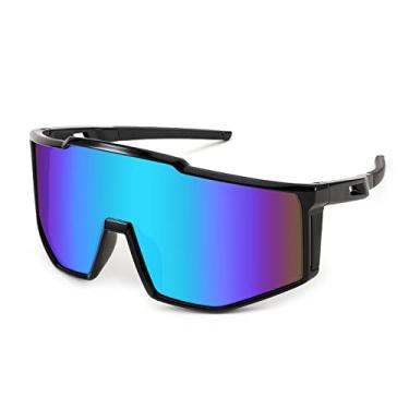 Imagem de Karsaer Óculos de sol Vision Wrap Around Shield Rave Neon Visor Uma Peça Espelhada 80s 90 Ciclismo Esportes Beisebol, Azul espelhado, Large