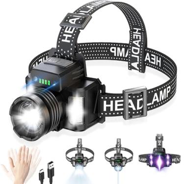 Imagem de Lâmpada de cabeça recarregável, ajustável de 90° 30 W, LED, super brilhante, com luz vermelha, faróis de LED recarregáveis para adultos, 9 modos à prova d'água com zoom para acampamento e corrida