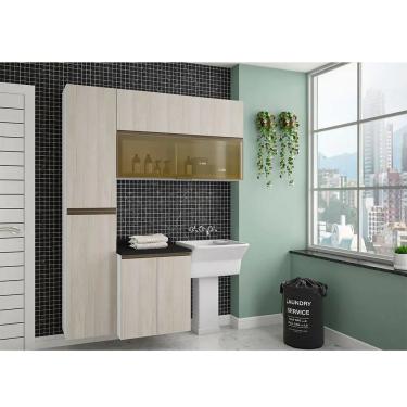 Imagem de Armário De Lavanderia 3 Pçs Com Tampo E Vidro Pérola Móveis Branco Polar Com Legno Crema E Preto