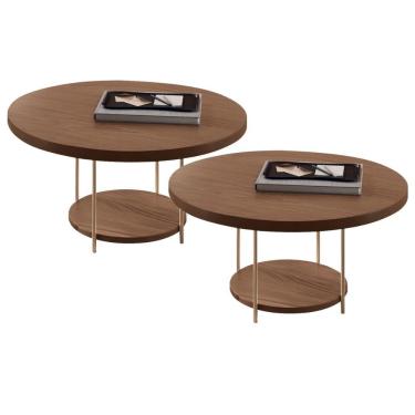 Imagem de Kit 02 Mesas De Centro Para Sala Redonda Tampo Mdf Pés Aço Allure B01 Castanho - Lyam D...