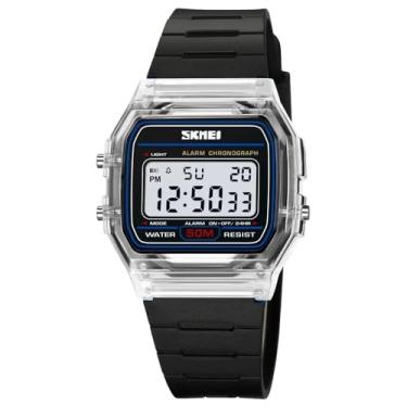 Imagem de Relógio de pulso feminino com pulseira de TPU transparente, à prova de choque, com visor retroiluminado e cronômetro, relógio digital feminino (Black White)