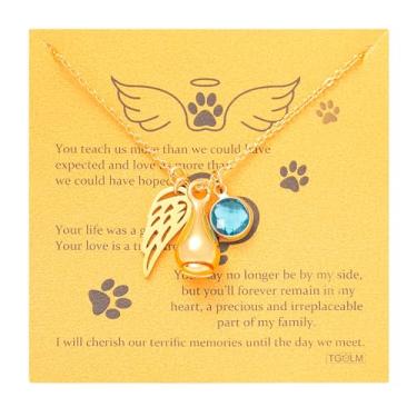 Imagem de TGOLM Colar de urna animal de estimação para presente de simpatia por perda de animais de estimação para cinzas, pingente de asa de anjo, pedra do mês de nascimento, joia de lembrança de cremação para