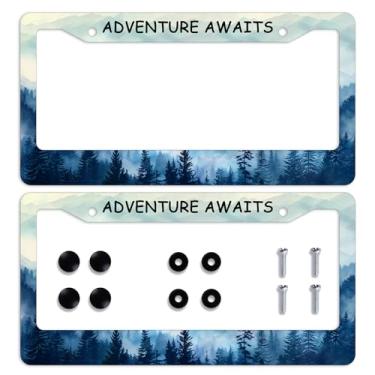 Imagem de Adventure Awaits Moldura de placa de licença azul floresta enevoada molduras personalizadas aço inoxidável metal carro placas engraçadas molduras decorativas para homens mulheres 31 x 15,7 cm 2 peças