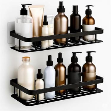 Imagem de Kit com 2 Suportes para Shampoo e Sabonete | Metal com Pintura Preto Brilhante | Instalação Sem Furo com Adesivo | Ideal para Banheiro, Box, Vidro e Azulejo