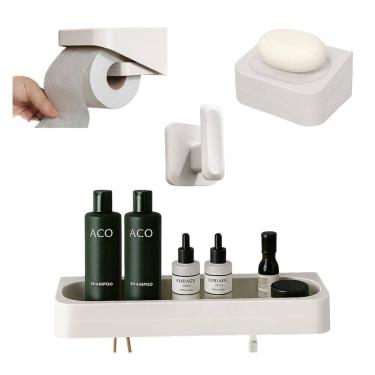 Imagem de Kit Banheiro 4pç Saboneteira + Papeleira + Porta Shampoo + Gancho Com Adesivo Bege - El...