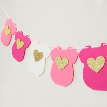 Imagem de MASTRON Faixa de roupas de chá de bebê - bodies de manga curta de feltro guirlanda de varal revelação de gênero roupa de bebê decorações de aniversário - rosa