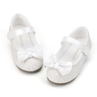 Imagem de Hehainom Sapatos Sociais Para Meninas Pequenas, Sapatilhas De Balé Com Laço Brilhante Floristas, Escolares Festa Casamento (Lantejoulas Brancas, Tamanho 10, Eua, Infantil)