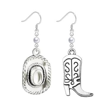 Imagem de Dreuyet Wrangler Brincos de pérola ocidental rústica Couture brincos em forma de ferradura em forma de U brincos pendentes country concho brincos chapéu bota brincos declaração joias para mulheres,