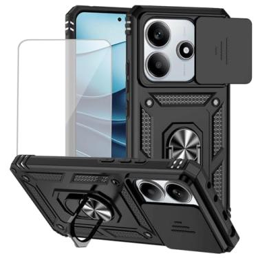 Imagem de Yodueiv Capa para Xiaomi Redmi Note 14 5G com protetor de tela de vidro temperado e capa de câmera deslizante, anel magnético suporte para carro capa protetora para Xiaomi Redmi Note 14 5G preta
