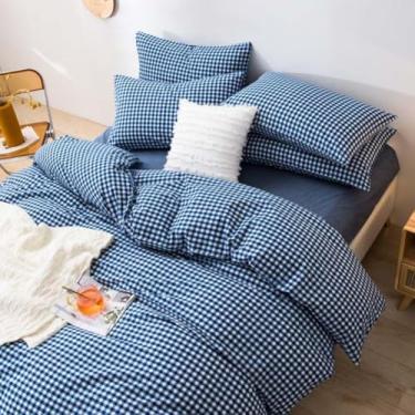 Imagem de Conjunto de edredom casal, xadrez, xadrez, azul royal, macio, fofo, com 2 fronhas, casa de fazenda, guingão, para todas as estações