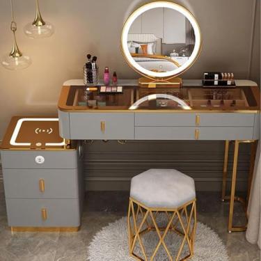 Imagem de Mesa De Vaidade Com Espelho Iluminado De 3 Cores Conjunto De Mesa De Maquiagem Com Luzes E Armário Lateral Móveis De Quarto Mesa De Maquiagem Com Banco Acolchoado Para Mulheres Men, D, 120cm/47in