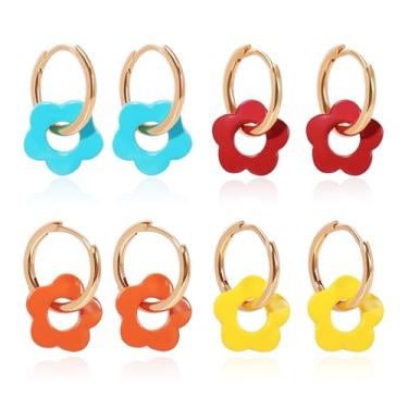 Imagem de BOCAR 4 pares de brincos de flor de corrente de argola de acrílico com flor oca para mulheres, feitos à mão, bijuterias, presentes (BER-1230), standard, Acrílico, Sem pedra preciosa