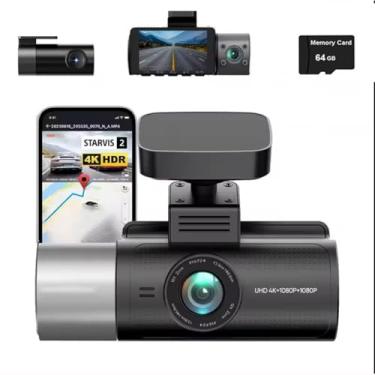 Imagem de Câmera veicular 4K de 3 canais para carros, proteção panorâmica de 360 graus, aplicativo WiFi integrado com rastreador GPS DVR, câmera frontal interna e traseira, visão noturna IR, gravador de vídeo