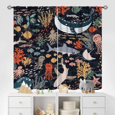 Imagem de YCness Cortinas infantis de animais marinhos para meninos e meninas, decoração de quarto de bebê, tartaruga, baleia, oceano, arte colorida, impressa, blecaute, conjunto de tecido, 2 painéis, 106 x 113