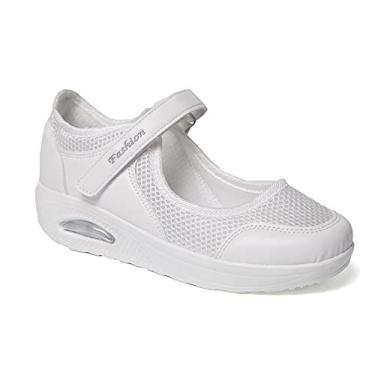 Imagem de YSMIIH Tênis feminino Walking Mary Jane Wedges confortável com gancho e laço para enfermeira casual, Branco, 39