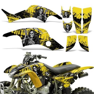 Imagem de Wolfcore Decals, Kit de gráficos ATV: adesivos Quad para Honda TRX 400EX (1999-2007), com design Reaper V2 em amarelo, transforme seu passeio com adesivos legais de quadriciclo!