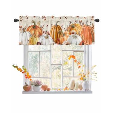Imagem de Cortinas de outono para janelas de Ação de Graças Valances Colheita Abóbora Valance Janela Tratamentos Flor Laranjeira Folhas de Eucalipto Bege Cortinas Curtas para Cozinha, Sala de Estar, Quarto