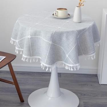 Imagem de YZKITM Toalha de mesa redonda pequena de linho de algodão 91 cm, boho, sem rugas, lavável, xadrez, com borlas, cinza, toalha de mesa rústica, pesada, para festa, sala de jantar, casamento