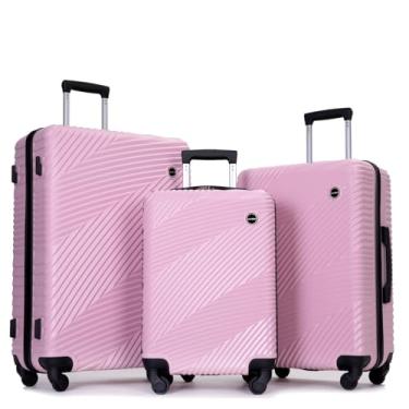 Imagem de Kacenray Conjunto de bagagem de 3 peças (51 cm/61 cm/71 cm), PC durável + mala leve ABS com rodas giratórias de 360° e dois ganchos, conjunto de bagagem de mão e equipamento de viagem despachado, rosa