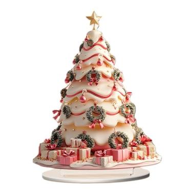 Imagem de Ioensy Placa de árvore de Natal 2D com base, decoração colecionável para casa, ornamento de acrílico para mesa, sala de estar, mesa, quarto, armário, Branco Rosa