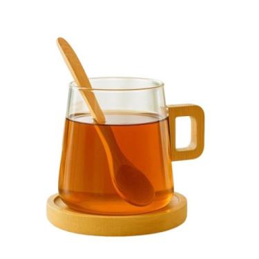 Imagem de Xícara de Vidro com Alça Colher e Pires de Bambu 300ml - GENERIC