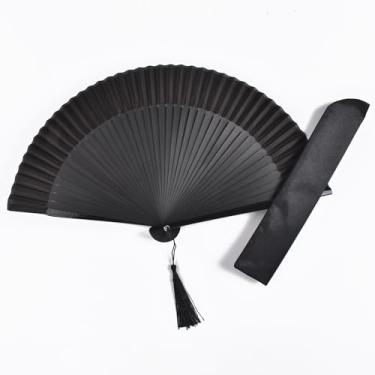 Imagem de HONSHEN Ventilador decorativo dobrável estilo vintage retrô presente para mulheres 8,27" (21 cm) com moldura de bambu e seda com uma manga de tecido para proteção, Black Folding Fans