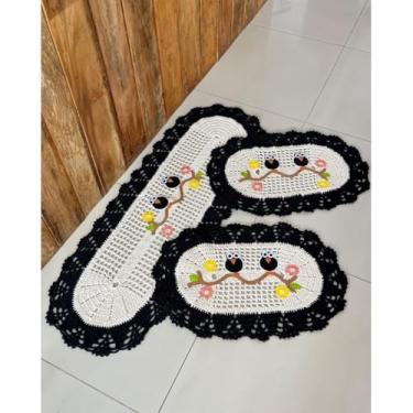 Imagem de Kit Tapete e Passadeira Cozinha Oval 3 Peças Corujinha (Preto)