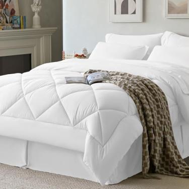 Imagem de Newspin Conjunto de edredom solteiro branco - Cama em uma bolsa, tamanho solteiro, 6 peças, conjunto de cama para todas as estações, conjunto de edredom fofo com lençóis, colchas, fronhas e saia para