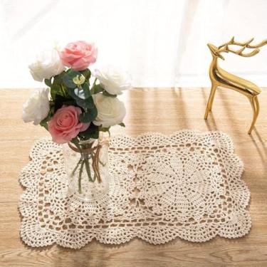 Imagem de Doilies retangulares feitos à mão, 2 peças de crochê feitos à mão de algodão, toalha de mesa de renda para mesa de crochê (bege)