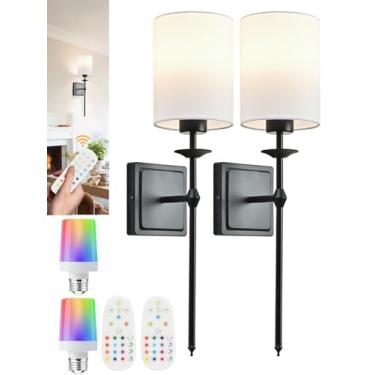 Imagem de Arandelas de parede operadas por bateria, conjunto de 2 arandelas para decoração de parede, preto, sem fio, com controle remoto, 12 modos de cores, luzes de parede recarregáveis sem fio, lâmpada de