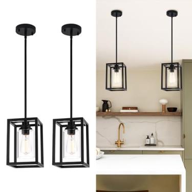 Imagem de Luminária pendente de casa de fazenda preta fosca, luminária de ilha de cozinha industrial, retangular linear de metal, montagem de teto com sombra de vidro transparente, base E26 para sala de jantar