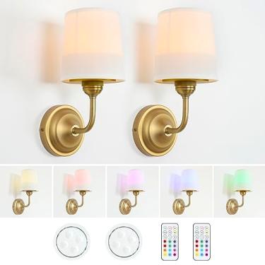 Imagem de HEQIQEH Luminária de parede vintage com pescoço de ganso operada por bateria, conjunto de 2 com controle remoto, funil alargado, abajur de tecido branco, lâmpadas de mesa de cabeceira reguláveis para