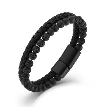 Imagem de Raymard Pulseira masculina masculina com contas de pedra vulcânica ônix preta ônix e olho de tigre, pulseira de couro trançado preto para homens, 8.3“, Couro, Pedra de lava