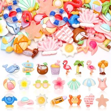 Imagem de Jansun 45 peças de enfeites de resina de verão praia coco flamingo flor anel de natação resina plana para artesanato DIY capa de celular moldura de foto grampo de cabelo chaveiro brincos fabricação de