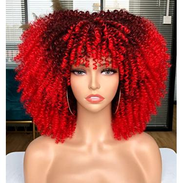 Imagem de CURLCRAZY Peruca encaracolada com franja para mulheres negras peruca curta encaracolado crespo 35,5 cm cabelo afro festa Halloween natal cosplay perucas (T1B/VERMELHO)