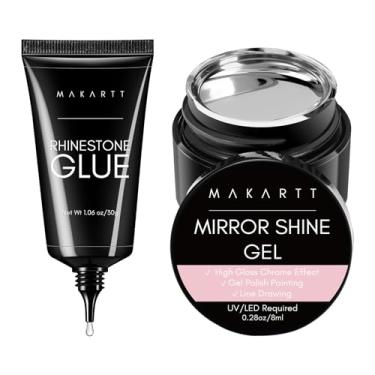 Imagem de Makartt Cola de strass para unhas com kit de gel cromado, cola super forte com pintura metálica prateada conjunto de esmalte em gel para unhas 3D e manicure (30 ml + 8 ml)