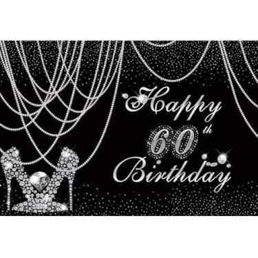 Imagem de Yeele Colar de pérolas de fundo de feliz aniversário de 3 x 2,4 m com diamantes brilhantes de salto alto para fotografia de 60 anos para mulheres, decoração de festa de 60 anos, adereços de vinil