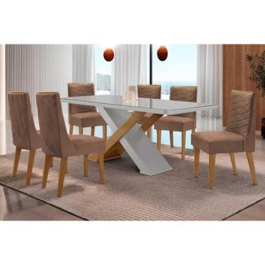 Imagem de Conjunto Sala de Jantar Imperatriz c/ Tampo Madeirado c/ Vidro Canto Curvo 180X90cm e 6 Cadeiras Maldivas Naturale/Off White - Corano Capuccino-Rufato
