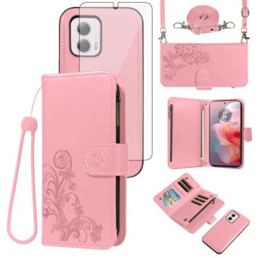 Imagem de Asuwish Capa de celular para Motorola Moto G Power 5G 2024 com zíper carteira magnética destacável com protetor de tela de vidro temperado, alça transversal, suporte de cartão de flores G5 mulheres