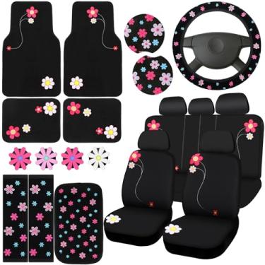 Imagem de BBTO Conjunto de 19 peças de acessórios de carro bordados fofos inclui capas de assento, capa de volante, clipes de ventilação de ar, tapetes de copo, almofada de console central, capa de cinto de