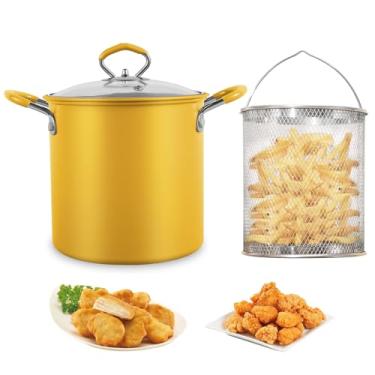 Imagem de ZJRDYYK Frigideira pequena, recipiente de graxa de aço de 3,2 litros para cozinha com cesta e tampa, panela de fritura japonesa tempura para armazenamento de gordura na cozinha, frango frito (amarelo)