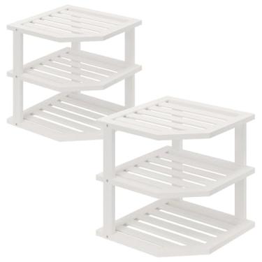 Imagem de VERTORGAN Prateleira de canto de bambu de 3 camadas (pacote com 2), escorredor de louça, organizador de pratos, suporte de especiarias de cozinha para bancada e armário (branca)