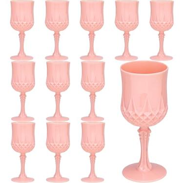 Imagem de Taças de vinho vintage de plástico de 200 ml, taças de plástico vintage, 12 peças, copos de água retrô para casamento, copos reutilizáveis para festa, recepção, celebração, bar, uísque (rosa claro)