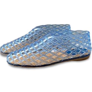 Imagem de V OPXIN Jelly Mesh Sapatilhas de balé femininas transparentes vazadas sandálias bico redondo antiderrapante praia bailarina gelatina sapatos rasos, Azul, 38