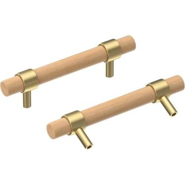 Imagem de XXJAY Puxadores de gaveta de madeira, pacote com 6 puxadores de gaveta de madeira de faia 12,7 cm, adequados para cozinha, sala de estar, quarto, banheiro e outras cenas, ouro
