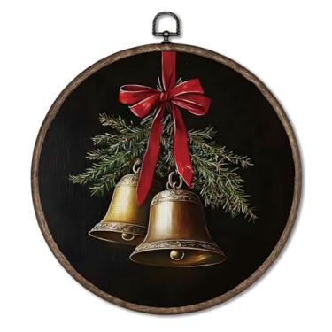 Imagem de Giosve Pôster emoldurado em tela vintage com sinos de Natal, sinos de Natal rústicos escuros e temperamentais para decoração de parede para decoração de casa, quarto, sala de estar, 25 x 25 cm