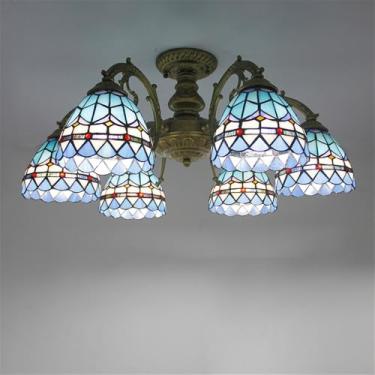 Imagem de Vintage LED Chandelier with Blue Glass - Pendant Light for Living Room, Restaurant, Bedroom, Hotel, Cafe & Bar (A 6 lights)