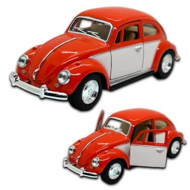 Imagem de Miniatura fusca 1967 carrinho de coleção em metal, 12 CM, 1/32, abertura de portas laterais, rodinhas em borracha e com fricção, Miniatura de carros antigos (Laranja e branco)