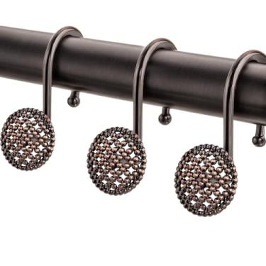 Imagem de Pearlbee Ganchos de cortina de chuveiro – 12 peças, anéis decorativos de metal resistente à ferrugem com deslizamento suave para varões de banheiro (Bronze)